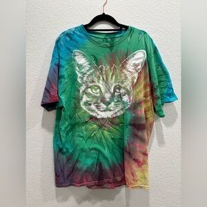Vintage Psychedelic Rainbow Cat Head Kitten Face Tie Dye Spiral T Shirt in XL